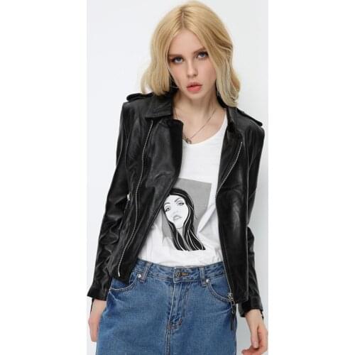 Women Black Lambskin Genuine Jackets Autumn Slim Short Motorcycle Biker Coats Ladies Real Leather Outwear Chaqueta Mujer