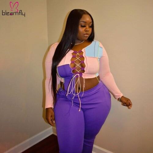 Plus Size Two Piece Set Women Clothing Lace Up Drawstring Long Sleeve T-shirt And Jogging Femme Set 2 Piece Suits Club Outfits