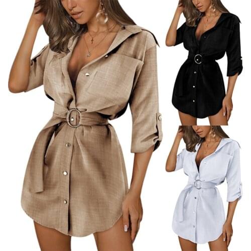 2021 Women Dress Summer Female Cotton Linen Office Lady Fashion Wild V-Neck Solid Color Button Sashes Mini Elegant Clothing