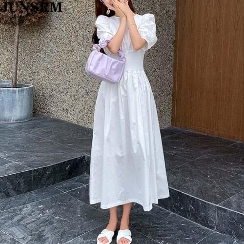 2020 Summer Elegant White Dress For Women Retro Korean Puff Sleeve Elastic Waist Temperament Dress Female Ladies Midi Vestidos