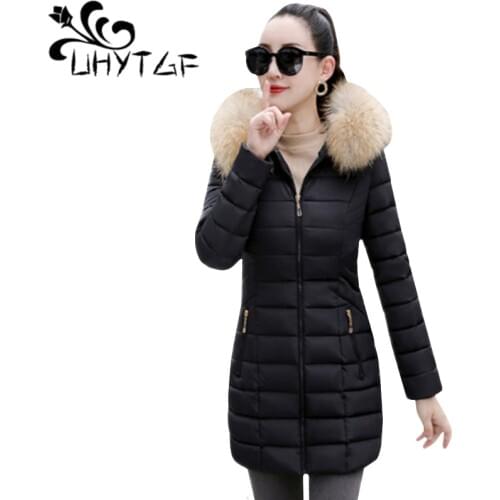UHYTGF Plus size Winter Jackets And Coats Parkas For Women 6 Colors Wadded Jackets Warm Outwear Hooded Large Faux Fur Collar 140