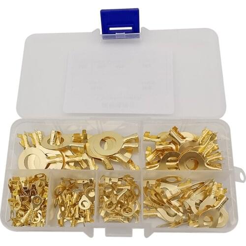 150PCS 3.2mm-10.2mm Cable Lug Wire Connectors Electrical Equipment Brass Ring Terminial Gold Non-Insulated Assortment Kit