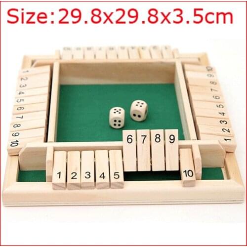 22x22x3.5cm Shut The Box Dice Board Game 4 Sided 10 Number Wooden Flaps & Dices Game Set for 4 Person Pub Bar Party Supplies