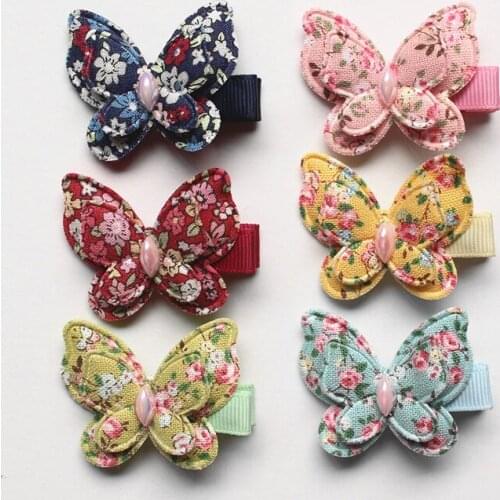 24pcs/lot Small Size Animals Hair Clips Pink Butterfly Hairpins Kids Handmade Girls Gift Colorful Cotton Barrettes Double Level