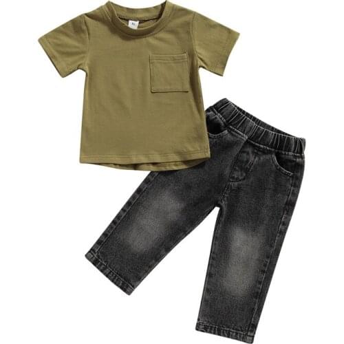 Children Solid Color Clothes Set Summer Baby Boys Short Sleeve O-neck T-shirt+Jeans with Pockets Fashion 2PCS For Kids 6M-4Y