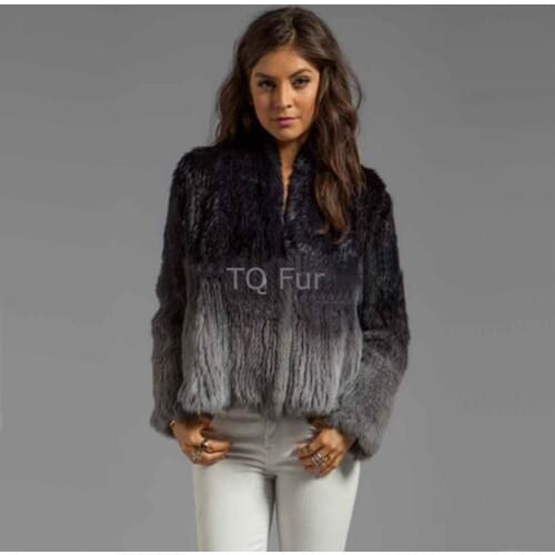 Real Genuine Rabbit Fur Gradient Knit Coat Thick Jacket Overcoat Qulity A
