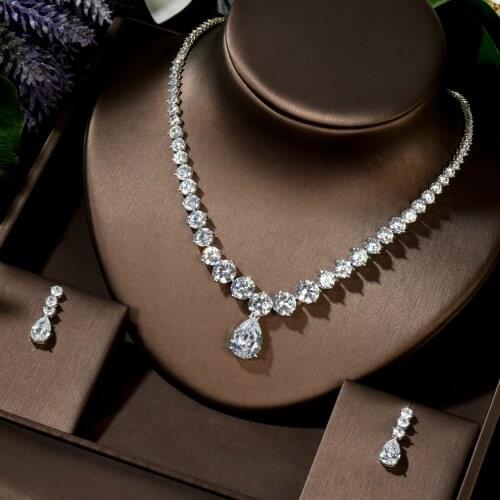 HIBRIDE Fashion Cubic Zirconia Water Drop Pendant Necklace and Earrings Bridal Wedding Jewelry Sets for Brides Party Gift N-1458