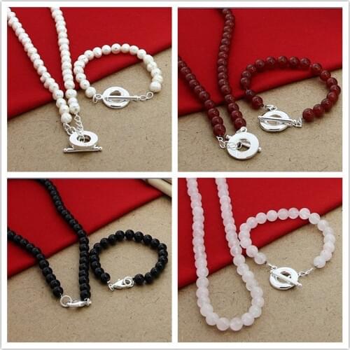 Natural Pearl/Agate Beaded Chain 925 Silver Buckle Necklace Bracelet Set For Women Wedding Engagement Party Jewelry Gift
