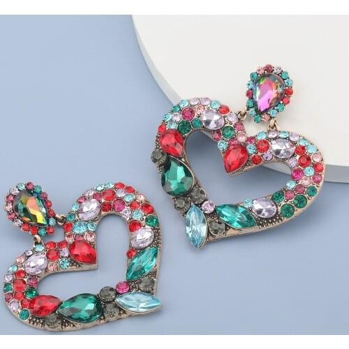 New Metal Hollowed-out Heart Colorful Crystals Earrings Jewelry Accessories For Women