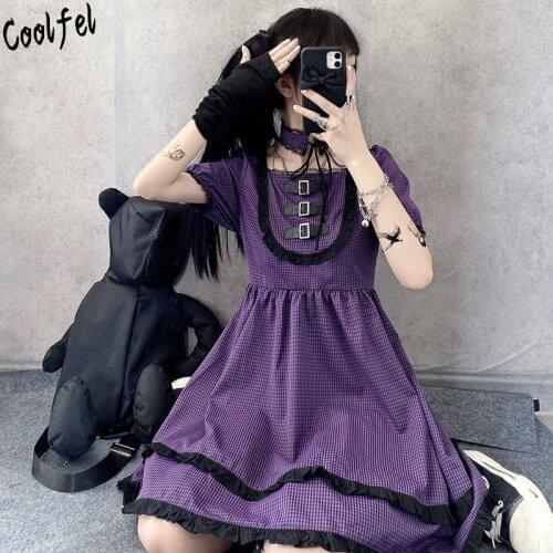 COOLFEL Japanese Gothic Lolita Dress Summer Puff Sleeve Vintage Purple Plaid Dress Lace Ruffles Dresses For Women