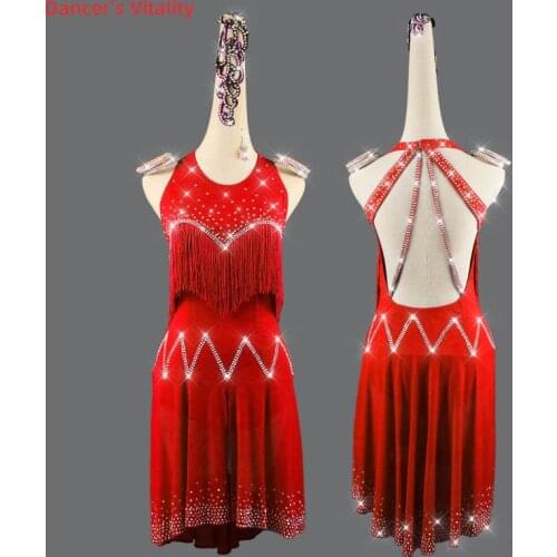 Latin Dance Dress Round Neck Diamond-Studded Long Skirt Tassel Performance Clothing High-End Custom Female Adult Child Dancewear
