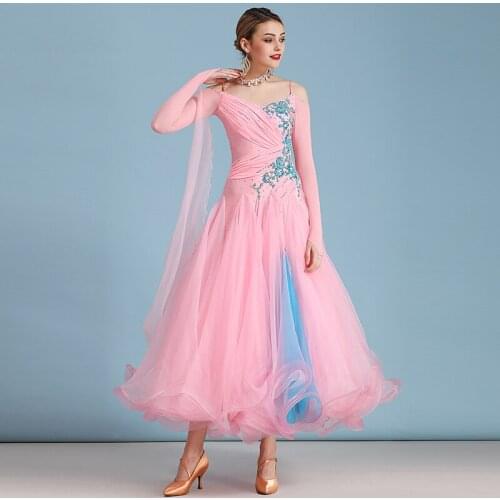 Ballroom Standard Dance Competition Dresses Waltz Pink Shiny Rhinestones Flamenco Spanish Bullfight Performance Outfit