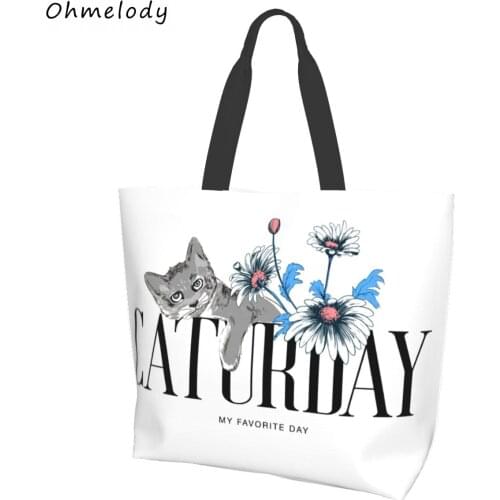 Floral Cats Simple Large Tote Bags Womens Summer Beach Bags Travelling Tote Foldable Reusable Shopping Bags for Ladies