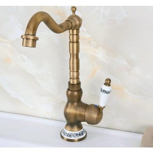 Vintage Retro Antique Brass Ceramic Base Kitchen Wet Bar Bathroom Vessel Sink Faucet Single Hole Swivel Spout Mixer Tap anf610