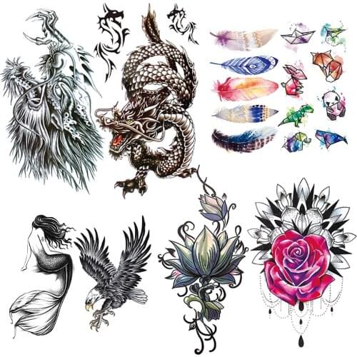 Dragon Fake Temporary Tattoo For Men Women Henna Flower Tattoos Sticker Lotus Feather Eagle Mermaid Tatoos Wrist Shoulder Animal