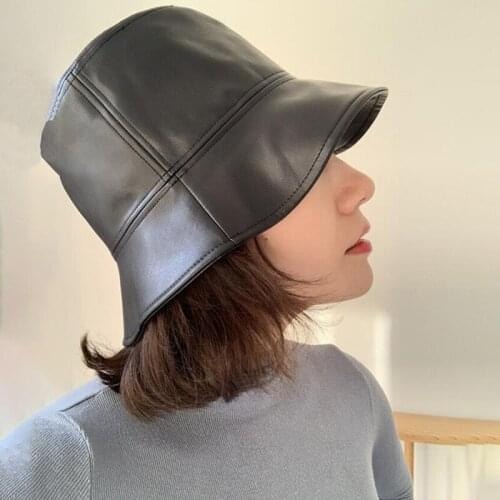 Faux Leather Solid Color Women Bucket Hat Autumn Winter Korean Fashion Ladies Fisherman Cap Vintage Outdoor Panama For Female