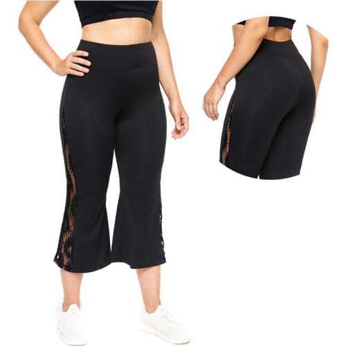 Hollow Out Lace High Waist Calf-length Pants Women Stretching Fitness Flared Trousers Femme Plus Size Black Yoga Pants 4XL