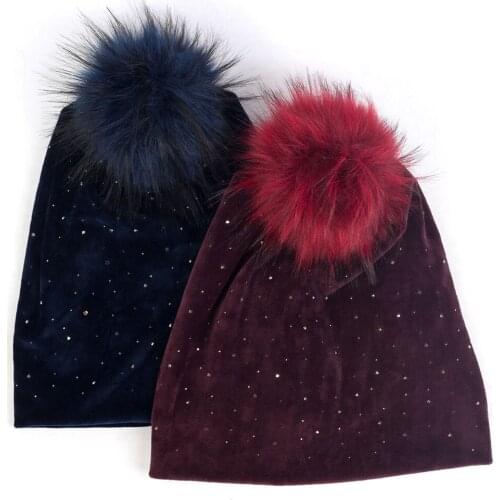 Women Velvet Rhinestone Skullies Beanies With Faux Fake Fur Pom Pom Female Elastic Baggy Warm Ear Hats Slouchy Hat Bonnet Cap
