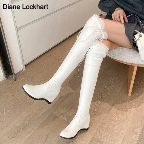 2021 High Heel Over Knee High Boots for Women Long Lace Winter Boots Cross straps Round Toe Wedges Knight Boots34-43 White Black