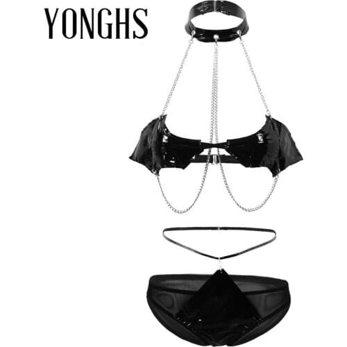 Womens Devil Wings Sex Cosplay Costume Role Play Lingerie Set Halter Neck Metal Chain Bra Top with Mesh Spliced Briefs Underwear