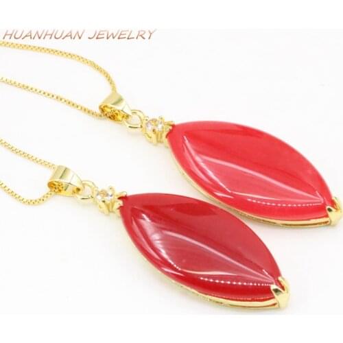 17x48mm Stainless Steel Red Jades Natural Stone Chain Pendant For Women Chalcedony Marquise Shape Necklace Pendants Jewels B3346