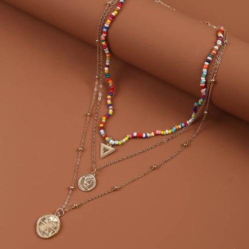 3 Pcs/Set Womens Boho Multicolor Beaded Chain Necklaces Fashion Gold Color Metal Chain Triangle Round Coin Pendant Necklace