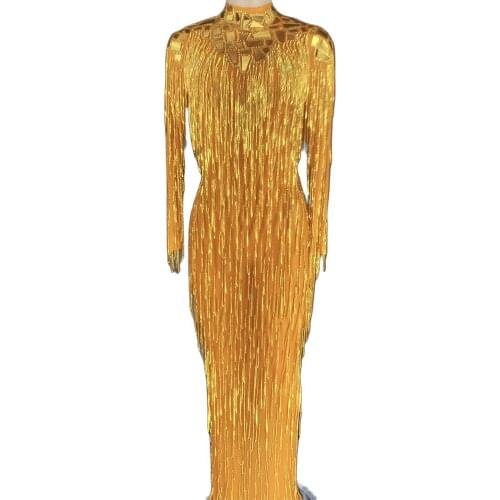 Shining Gold Sequined Tassel Women Dresses Long Sleeve Tight Elastic Dresses Nightclub Singer Dancer Performance Stage Wear