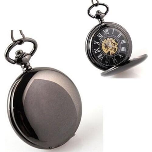 8022B) Jet Black Plain Cover Mechanical Pocket Watch Hunter Case Mens Fob Watch, 6 pcs/lot