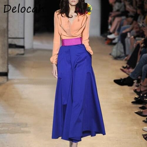 Delocah Women Summer Fashion Designer Skirt Set Lantern Sleeve Solid Print Tops + High Waist A-Line Skirts 2 Two Pieces Suits