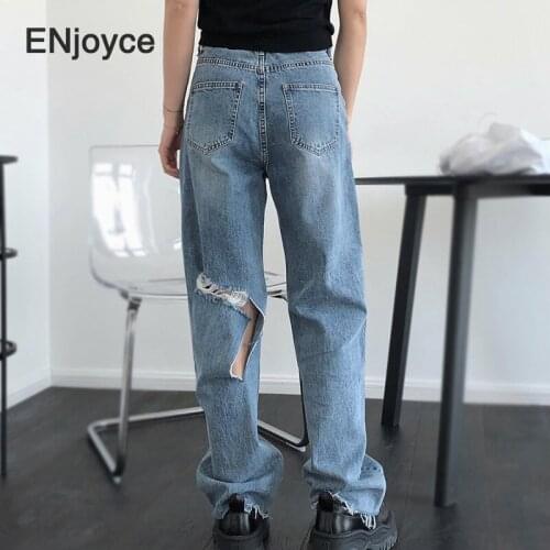 Korean High Waist Wide Leg Ripped Hole Jeans 2020 Women Hip Hop Denim Pants Female New Style Fashion Straight Trousers