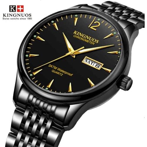 Kingnuos Wrist Watch Top Quality Stainless Steel 3ATM Waterproof Mens Watches Dual Calendar Analog Display Clock Male Watch Men