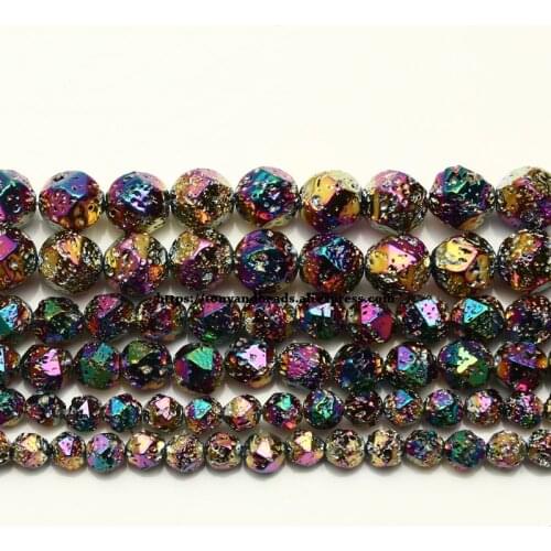 Natural Stone Big Cuts Faceted Rainbow Plated Volcano Lava Round Loose Beads 15" Length 6 8 10 12MM Jewelry Making