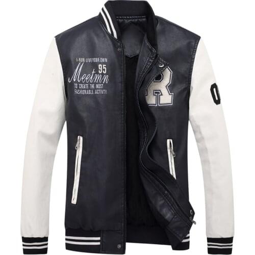 Fleece Faux Leather Jackets Men Fashion Motorcycle Pilot College Baseball Jacket Mens Casual Embroidery Washed PU Leather Coats