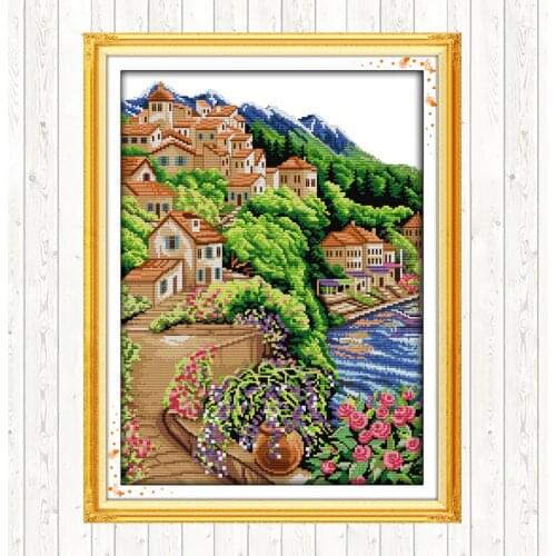 Near Sea and Hill DMC Cotton Thread Printed Canvas Cross Stitch Kit Handmade DIY Needlework Crafts 14CT 11CT Counted and Stamped