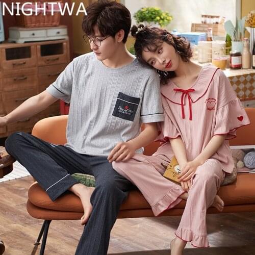 NIGHTWA Couple Pajama Set Women Men Cotton Plus Size Short Sleeve Sleepwear Simple Men Summer Homewear Sweet Bows Women Pajamas