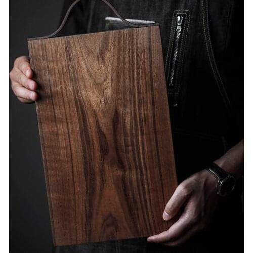 Retro Black Walnut Wooden Chopping Block Cutting Board Rectangle Bread Tray Leather Handle Cutting Board Food Photography Props