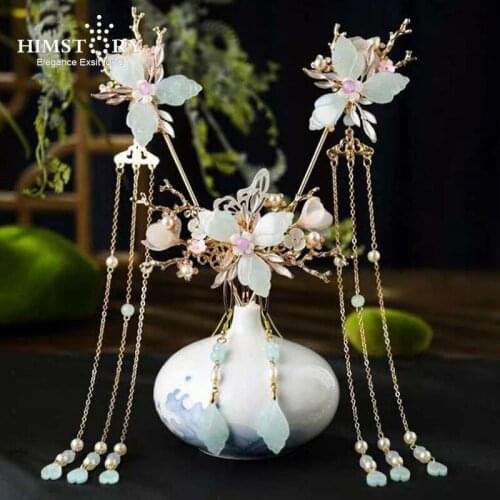HIMSTORY Gold Color Luxury Step Shake Tassel Crystal Pearls Hairpins Clips Hair Combs Earring Chinese Hanfu Dress Hair Ornaments