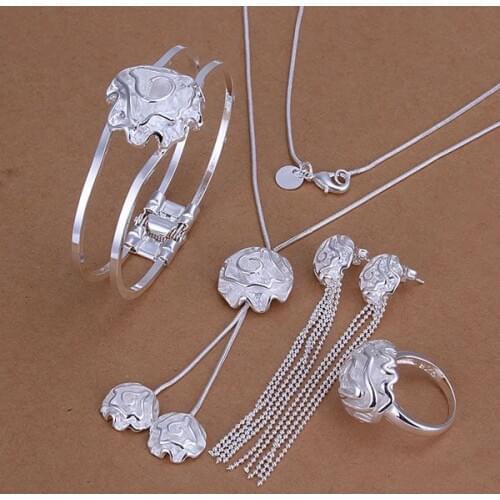 S324 925 sterling silver jewelry set, fashion jewelry set Rose Ring Drop Earrings Bangle Necklace S324 /aphajgoa gflaowsa