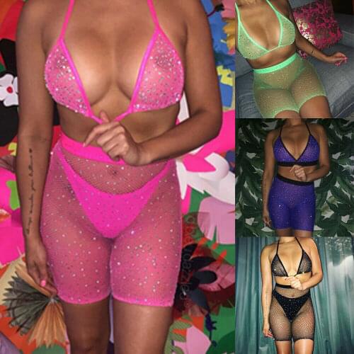 Sexy Swimwear Women Rhinestone Bikini 2019 Mesh Fishnet Halter Bra High Waist Shorts Beachwear Bathing Suit 2pcs Female Outfit