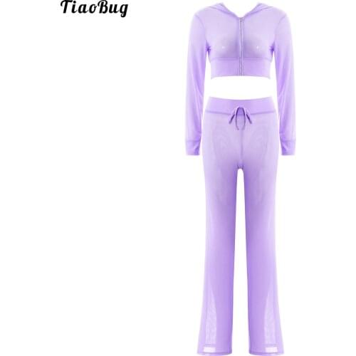 TiaoBug Women 2Pcs Mesh Swimsuit Bikini Cover Up Hoodie Crop Tops And Pants Set Summer Beach Party Outfits