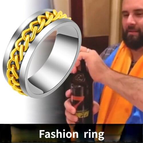 Titanium Steel Rotatable Chain Ring Beer Bottle Cap Opening Tool Ring Mens Hip Hop Punk Ring Motorcyclist Gothic Jewelry