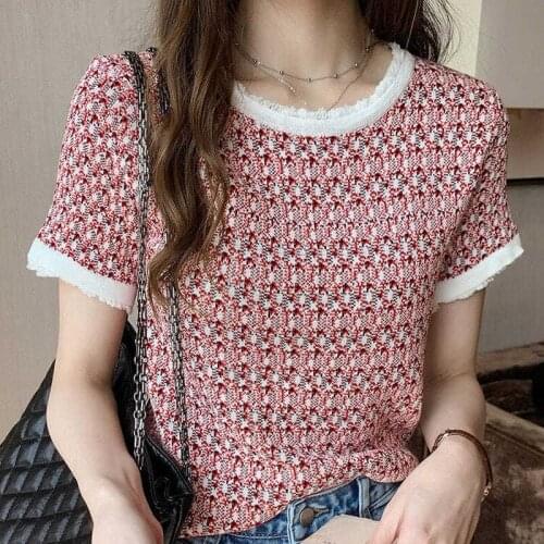 Retro Summer Ice Silk Short Sleeve Round Neck Women T-Shirts Tassel Button Patchwork Knitted Top Fashion Female T Shirt X162