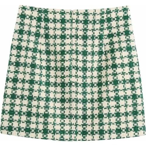 Stylish Chic Pockets Green Plaid Tweed Mini Skirt Women 2021 Fashion High Waist Skirts Casual Jupe Femme