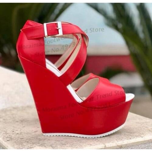 Moraima Snc Red Leather Woman Sandal Summer Peep Toe Cross-tied Platform Wedge Shoes Cutouts Gladiator Sandal Dress Heels