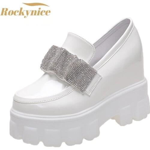 Women Chunky Sneakers 2021 Autumn 10CM High Heels Casual Shoes Thick Soled Slip-on Leather Shoes Wedge Platform Bling Sneakers