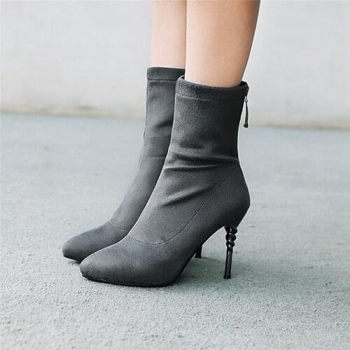 YMECHIC 2018 Sexy Pointed Toe Thin High Heel Stretch Stocking Boot Women Gray Black Zipper Lady Shoes Ridding Ankle Boots Autumn