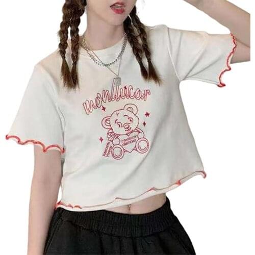 2021 Summer Woman Cute Cartoon Bear Print Short Sleeves Female Crop Tops Shirts O-Neck T-Shirt For Party Daily Harajuku Kawaii