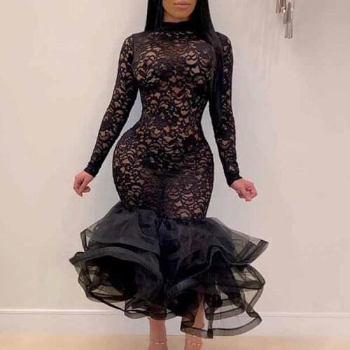 Women Sexy Long Sleeve Lace Ruffles Hem Dress For Party and Eve