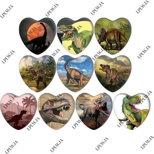 Zdying 25mm/30mm Retro Dinosaur Pattern Heart Shape Mixed Photo Glass Cabochons Cover Pendant Cameo Settings Jewelry Findings
