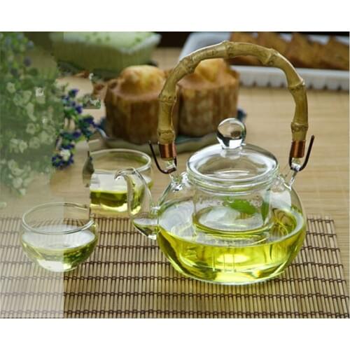 1PC Bamboo Handle Blooming Loose Leaf Tea Pot with Glass Strainer Safe Lid Dishwasher Stovetop Safe Teaset Kettle EJO 1034